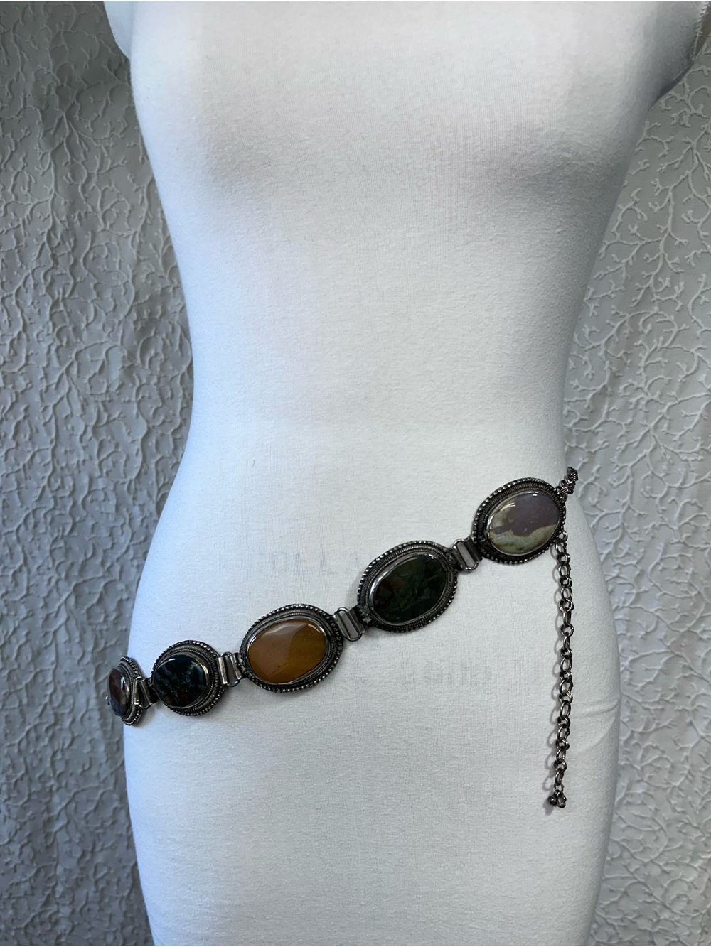 Vintage-Multistone Chain Link Waist Belt - Brown Green